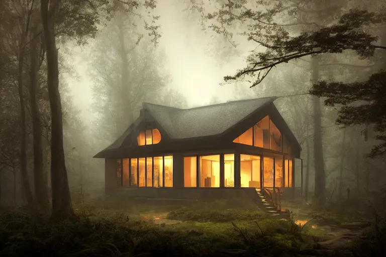 Image similar to a 1 9 5 0 s luminous house in the middle of a dark, gloomy, misty forest enveloped in moss and bark, illustrated by greg rutkowski and gaston bussiere, trending on artstation, intricately defined, complexly detailed, cgsociety contest winner, zbrush, mannerism, 4 k, grim lighting, misty atmosphere