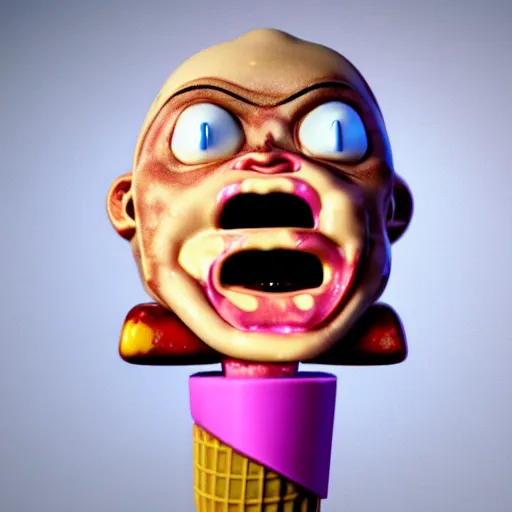 Image similar to ice cream popsicle shaped like screaming chucky doll, octane render, ultrarealistic, centered, volumetric lighting