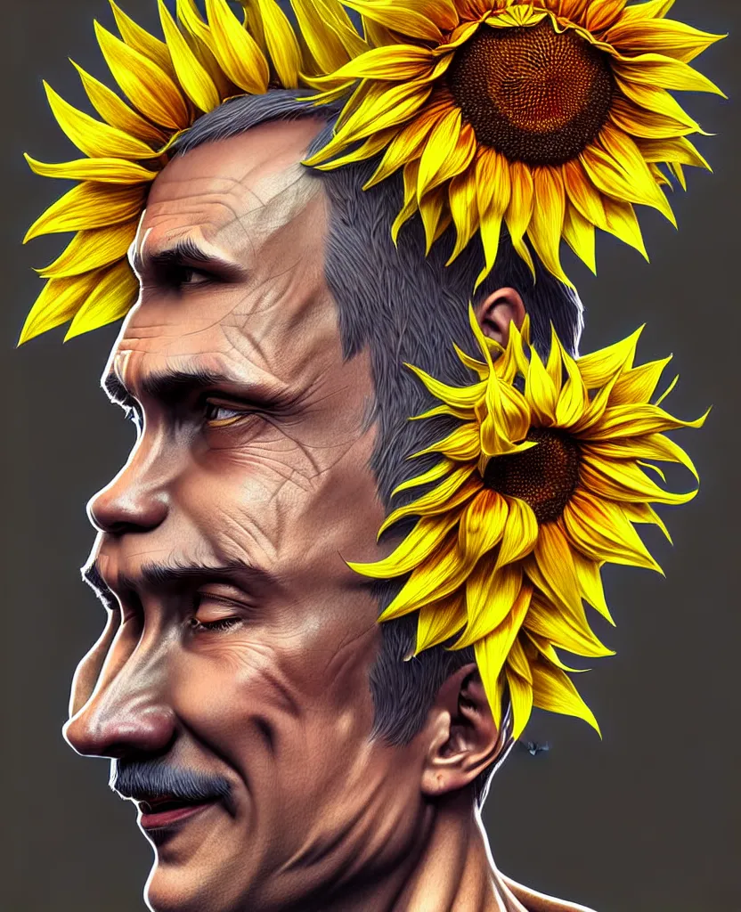 Image similar to digital art, centered full body of Putin smiling king, Sunflower crown, ,intricate, veins, by James Jean and by artgerm , by ross tran ultradetailed, charachter design, concept art, trending on artstation,