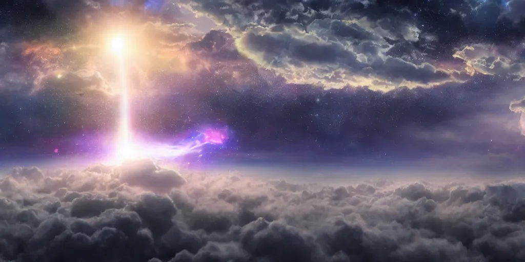 Image similar to Cosmic inflation bubbles peaking through the clouds, above the layer of clouds is a council of ascended masters, rays of consciousness, concept art, matte painting, 8k, highly detailed, artstation, light being, high quality,