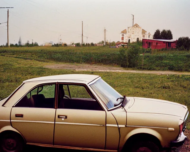 Image similar to a lomographic photo of old lada 2 1 0 7 standing in typical soviet yard in small town, hrushevka on background, cinestill, bokeh