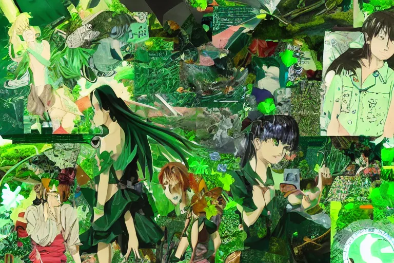 Image similar to green themed collage with anime focus, highly detailed, featured on artstation, highly detailed, abstract