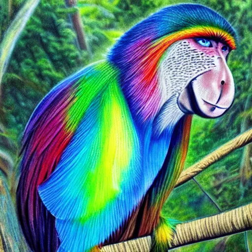 Prompt: iridescent parrot colored rainbow baboon in a forest hyper realistic detailed