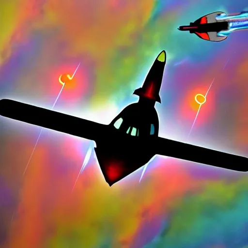 Image similar to photo, a futuristic space fighter modeled after a spitfire plane, flying through colorful clouds of smoke inside an intense space battle
