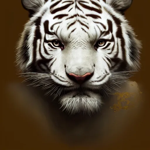 Prompt: artwork of a white tiger king with gold crown, concept art, super detailed, 4 k hd, trending on artstation, digital painted, low contrast, made by greg rutkowski and viktoria gavrilenko