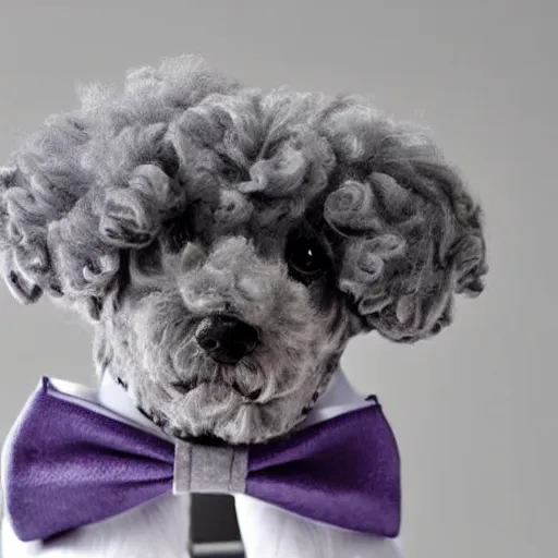 Prompt: a fancy gray miniature poodle wearing a bow tie top hat and monocolor pants