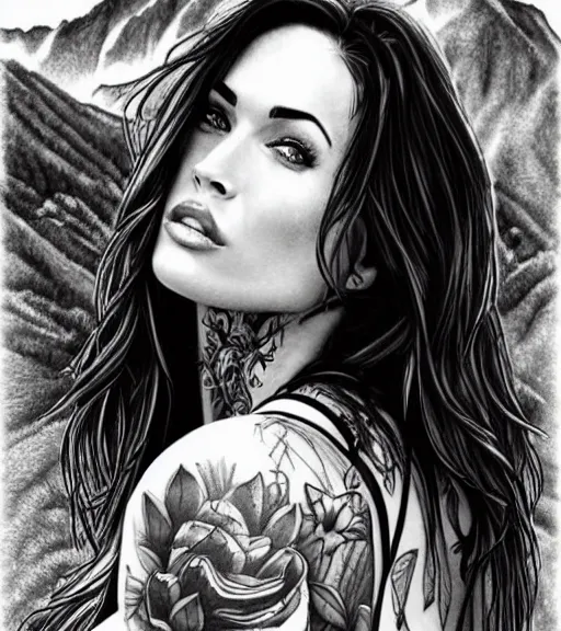 Image similar to tattoo design sketch of megan fox against a background of beautiful mountains and nature, hyper - realistic, in the style of den yakovlev, amazing detail, black and white