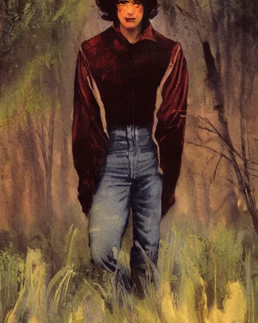 Prompt: a beautiful but sinister ethnically ambiguous young man in layers of fear, with haunted eyes and wild hair, 1 9 7 0 s, seventies, woodland, a little blood, wildflowers, moonlight showing injuries, delicate embellishments, painterly, offset printing technique, by brom, robert henri, walter popp