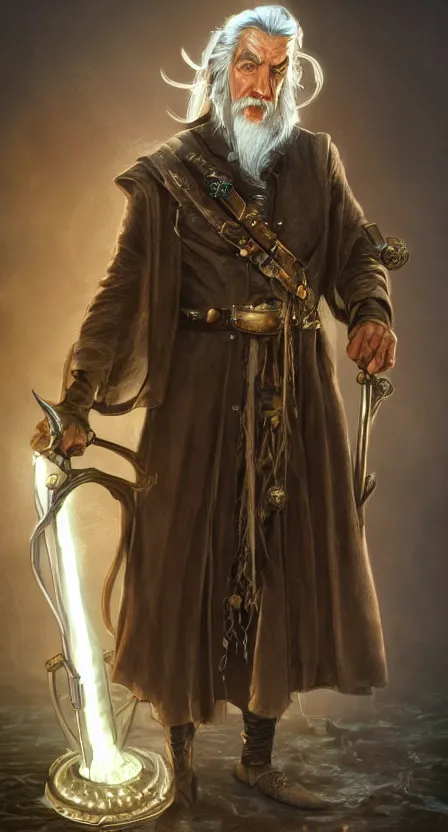 Image similar to steampunk gandalf ultra detailed fantasy, elden ring, realistic, dnd character portrait, full body, dnd, rpg, lotr game design fanart by concept art, behance hd, artstation, deviantart, global illumination radiating a glowing aura global illumination ray tracing hdr render in unreal engine 5