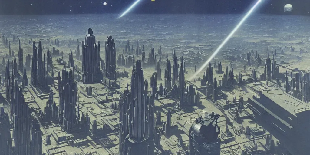 Prompt: a city in space made by chesley bonestell, highly detailed,