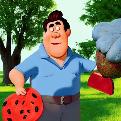 Prompt: Fred Flintstone dressed as a mailman planting a watermelon in an aca9demy, Sculpture, Hyperrealistic