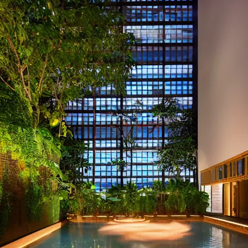 Prompt: The atrium of a refurbished contemporary building filled with tropical plants and lush swimming pool, project by Kengo Kuma, blue hour, 4k