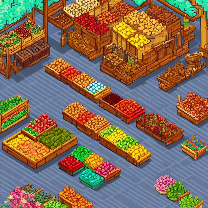 Prompt: isometric pixel art of a small medieval market stall selling fruits