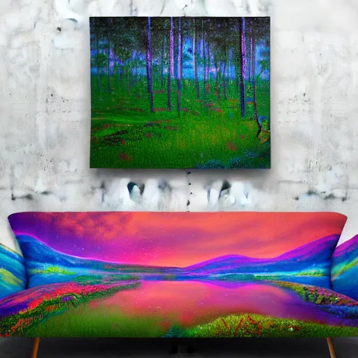 Prompt: psychedelic couch sofa in the lush pine forest, milky way, designed by arnold bocklin, jules bastien - lepage, tarsila do amaral, wayne barlowe and gustave baumann, cheval michael, trending on artstation, star, sharp focus, colorful refracted sparkles and lines, soft light, 8 k 4 k