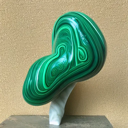 Prompt: abstract carved malachite sculpture, wiggly non rational shapes, fluid and dynamic, sharp and smooth, product photo