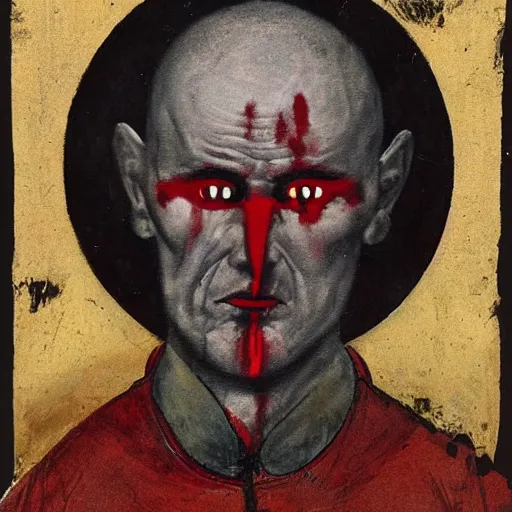 Image similar to portrait of alexander abdulov, with a red eyes, satanic body, head of old man, in blood of sinners, hellish style