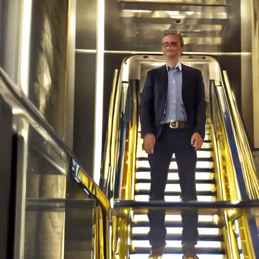 Prompt: Michael Saylor Microstation ceo taking escalator down a flight of stairs wearing a gold bitcoin necklace that is on fire