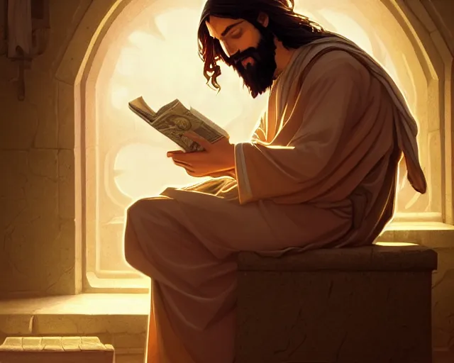 Image similar to photography of jesus christ sitting on a toilet reading manga, deep focus, d & d, fantasy, intricate, elegant, highly detailed, simple background, digital painting, artstation, concept art, matte, sharp focus, illustration, hearthstone, art by artgerm and greg rutkowski and alphonse mucha