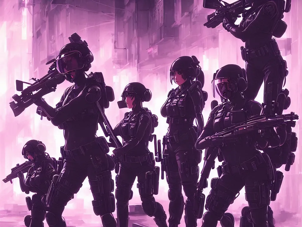 Image similar to anime key visual of a team of multiple female swat officer ready to attack, neon, cyberpunk, futuristic, stunning, highly detailed, digital painting, smooth, soft focus, illustration, movie poster, japanese typography, digital art from artstation by artgerm and greg rutkowski and alphonse mucha