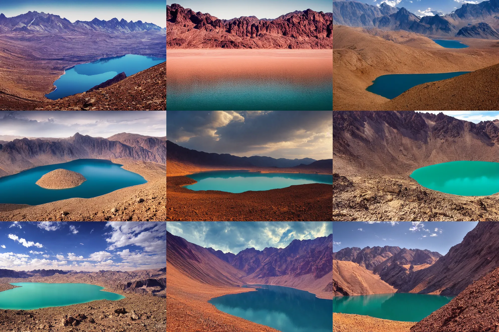 Prompt: breathtaking scenery by denis villeneuve, lake, mountains, desert, 8 k, highly detailed