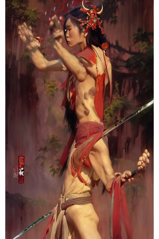 Prompt: wuxia, monster, character design, colorful, painting by gaston bussiere, craig mullins, j. c. leyendecker, tom of finland