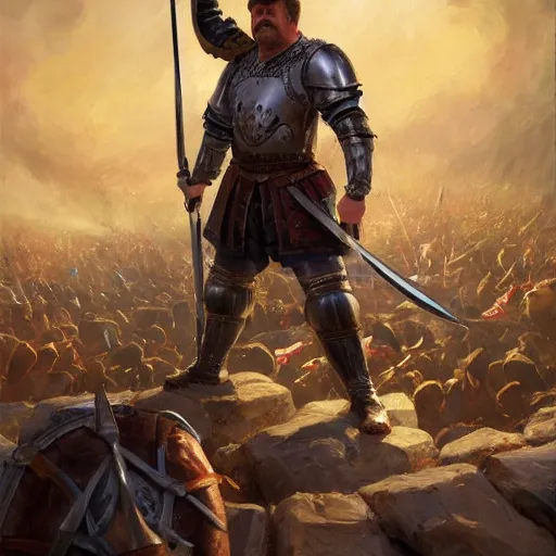 Image similar to ron swanson in medieval plate armor holding a greatsword standing on top of piles of slain enemy footsoldiers, epic fanart, volumetric lighting, oil painting, highly detailed, wide view, sharp focus, painting by daniel gerhartz, alphonse murac, detailed art, artstation