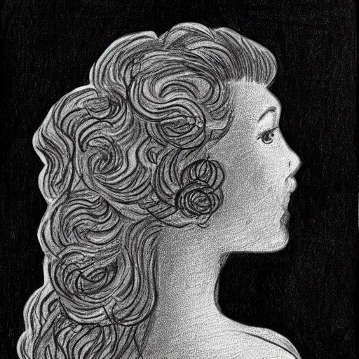 Image similar to a black and white drawing of the silhouette of a woman with long curly hair using a dress