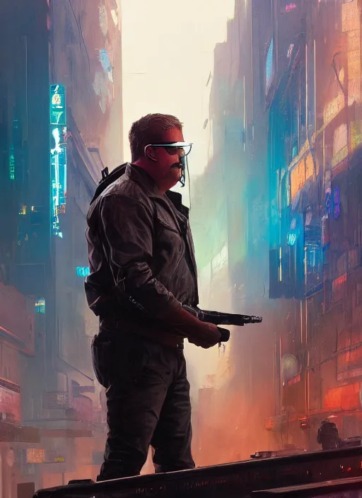 Prompt: Modern Teddy Roosevelt. Cyberpunk bouncer. blade runner 2049 concept painting. Epic painting by James Gurney, and Alphonso Mucha. ArtstationHQ. painting with Vivid color. (rb6s, Cyberpunk 2077)