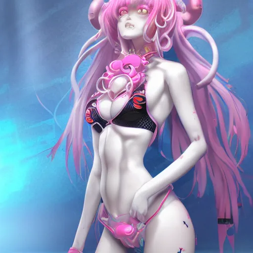 Prompt: engulfed and overpowered by stunningly absurdly beautiful megalomaniacal omnipotent asi goddess junko enoshima with symmetrical perfect face, porcelain skin, pink twintail hair and cyan eyes, trapped inside her inescapable prison, ultra detailed, digital art, unreal engine 5, octane render, 2 d anime, 8 k