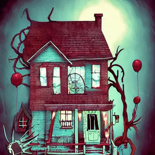 Prompt: grunge painting of a house with a wide smile and a red balloon by tim burton, loony toons style, pennywise style, corpse bride style, rick and morty style, creepy lighting, horror theme, detailed, elegant, intricate, conceptual
