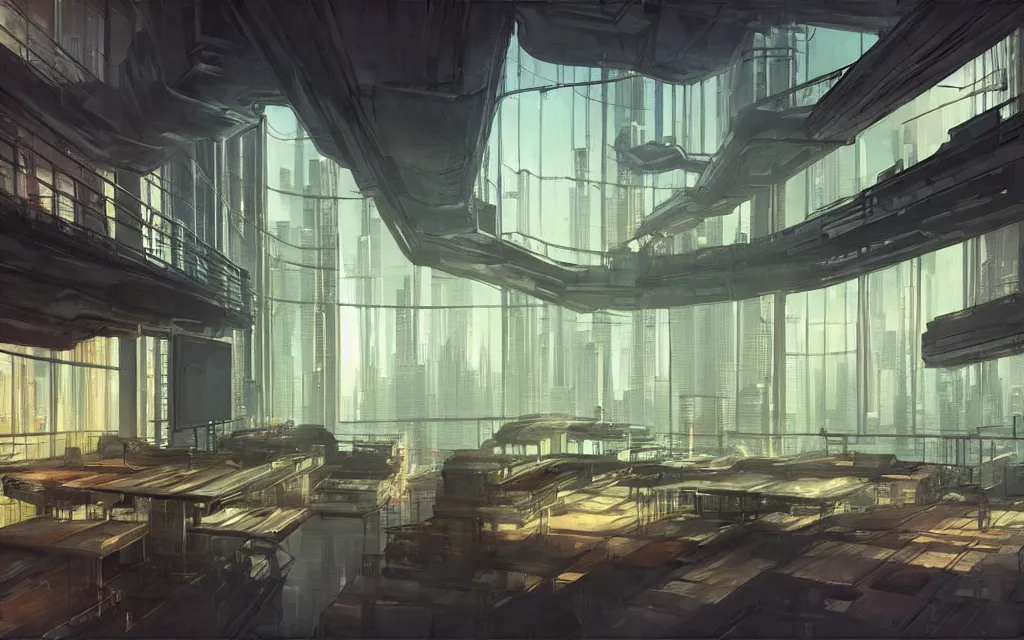 Image similar to cyberpunk loft lounge with tall windows, no people, city in background, drawn by feng zhu, sparse plants, dim painterly lighting volumetric aquatics, impasto