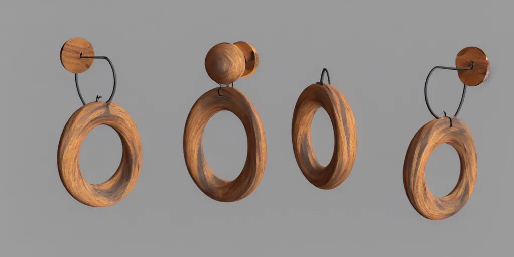 Image similar to earring design, jewelry design, wood, nordic, material, product design, trending on artstation, cgsociety, photo realistic, design by ziva cph and isabel lennse and lulu copenhagen, 8 k, unreal engine, c 4 d