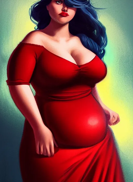 Image similar to full body portrait of teenage veronica lodge, obese, bangs, sultry, realistic, sultry smirk, wavy hair, red skirt, fat, belly, intricate, elegant, glowing lights, highly detailed, digital painting, artstation, concept art, smooth, sharp focus, illustration, art by wlop, mars ravelo and greg rutkowski