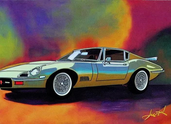 Image similar to kitt 1 9 8 2 pontiac trans am, jaguar e - type. style danger diabolik, star wars, retro, retro futurist. painting by jack gaughan