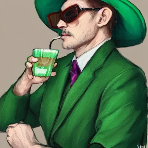 Image similar to man in green suit, with green hat, drinking tea, purple undershirt, Wearing Shades, highly detailed, fantasy, D&D, by Viktor Antonov