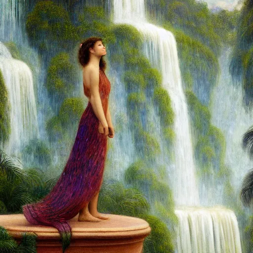 Image similar to a ultradetailed beautiful painting of lorde standing in front of the diamonds waterfall in the amazonas palace balustrade designed by jules bastien - lepage, tarsila do amaral, frank weston and gustave baumann, beach, trending on artstation, mediterranean, palm trees, sharp focus, soft light, 8 k 4 k