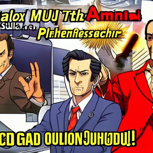 Image similar to saul goodman in the style of pheonix wright ace attorney videogame, objection