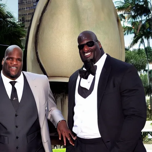 Prompt: A 5'5 Shaquille O'Neil next to a 7'2 Danny Devito