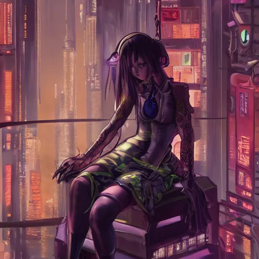 Image similar to a painting of a woman sitting on a stool, cyberpunk art by masamune shirow, pixiv contest winner, fantasy art, enchanting, detailed painting, storybook illustration