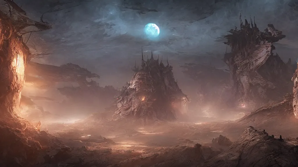 Image similar to eerie atmospheric alien world by yoann lossel and stephan martiniere, cinematic matte painting