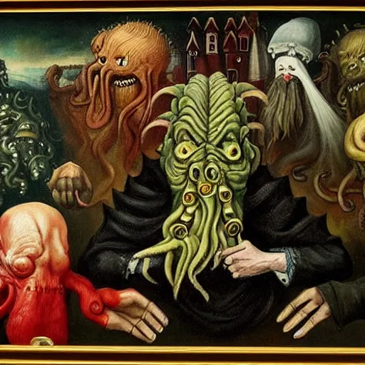 Prompt: a painting of cthulhu and donald trump meeting, in the style of hieronymus bosch