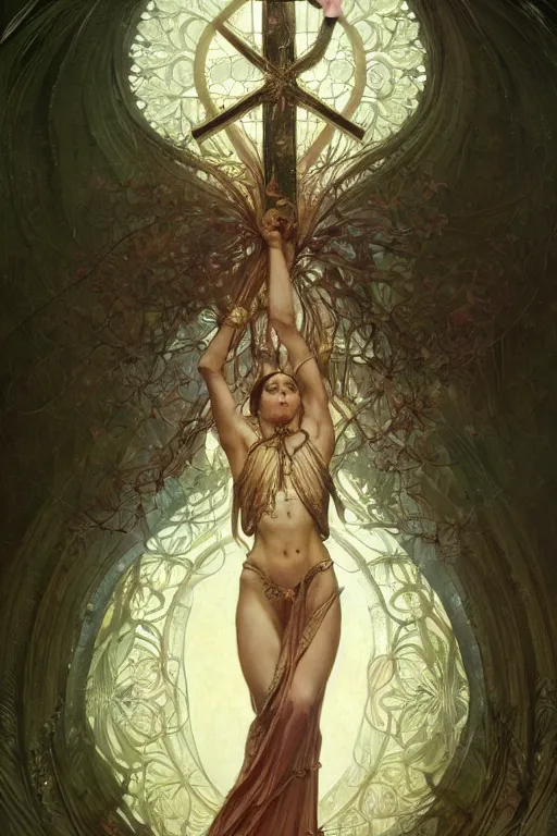 Prompt: a full body portrait of a beautiful ethereal delicate botanist mage queen meditative sacral pose catholic stages of the cross, intricate, elegant, highly detailed, digital painting, artstation, concept art, smooth, sharp focus, illustration, art by krenz cushart and artem demura and alphonse mucha