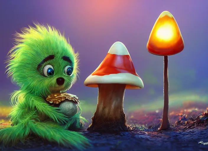 Image similar to a cute dr seuss creature sitting next to a mushroom, golden hour, fantasy, sharp focus, digital art, hyper realistic, 4 k, unreal engine, highly detailed, hd, dramatic lighting by brom, trending on artstation