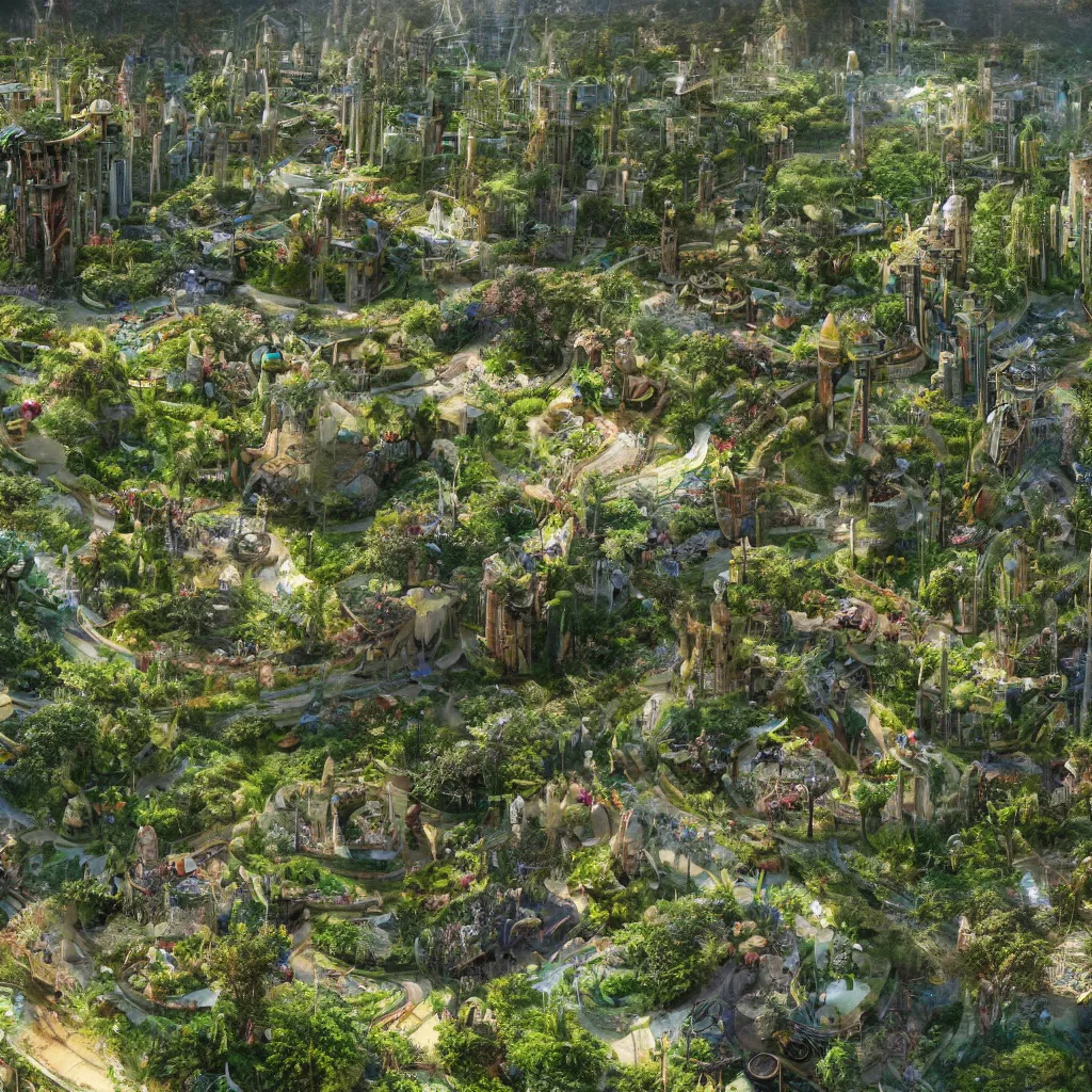 Image similar to solarpunk eco - city utopia, enchanted world, ancient nile winding river valley deep valley taken from 3 0 metres high, otherworldly, botanical garden, waterscape, overgrowing floral lush, glistening in the morning light, 8 k, cinematic shot, weta workshop, hyper realistic, cinematography by john boorman