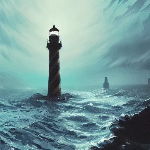 Image similar to a beautifuly ultradetailed painting of a lighthouse in a sea of black water with eldritch terrors crawling up from the water, icy mist, morning shot, Raphael Lacoste, Makoto Shinkai, 4k, trending on artstation, aerial photography.