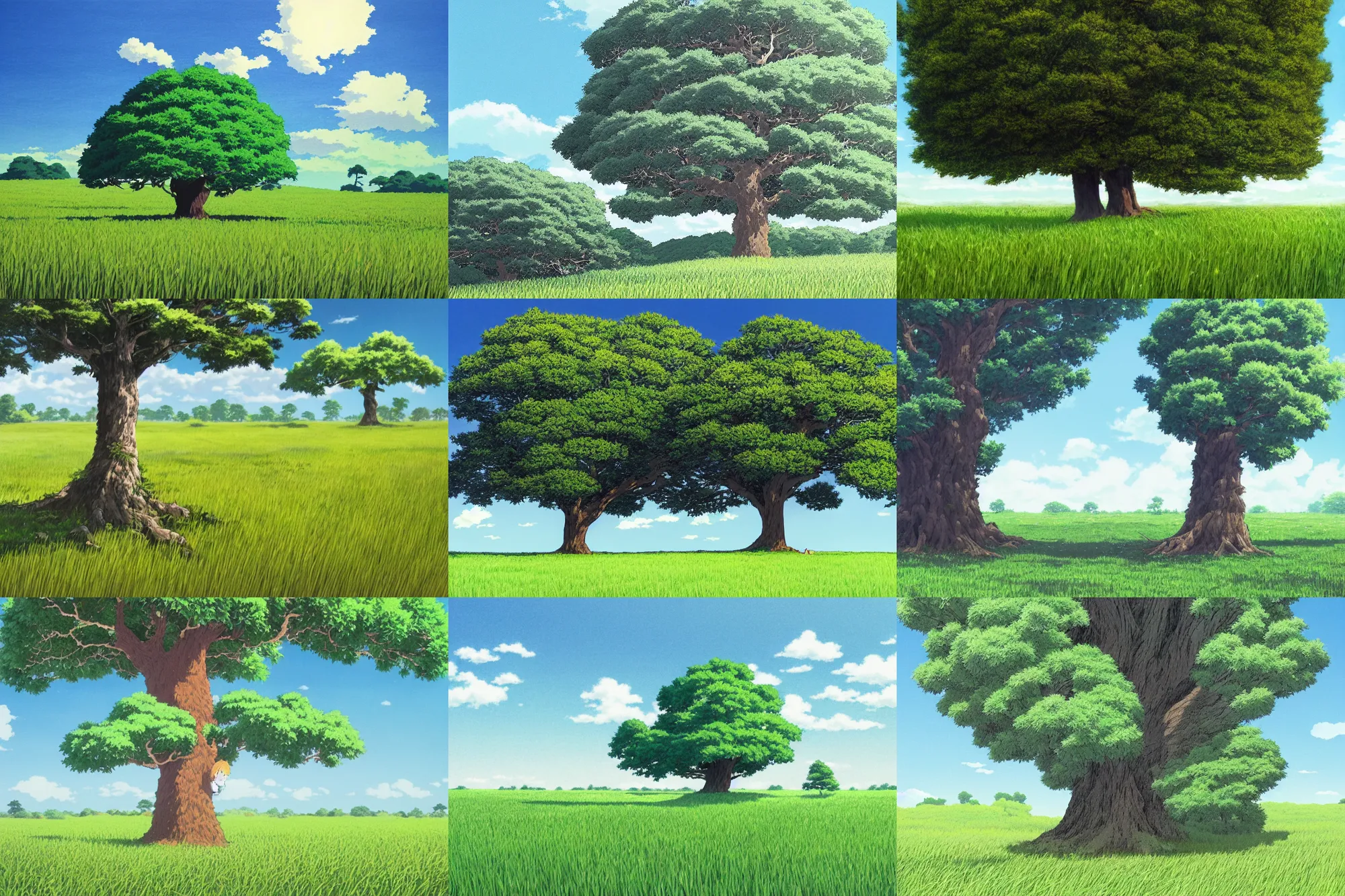 Prompt: big single tree in a field of grass, direct sunlight, detailed, sharp focus, by studio ghibli and kazuo oga