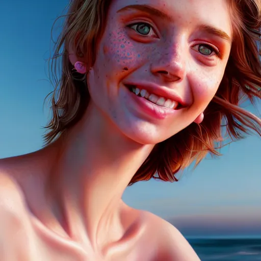 Image similar to portrait of a cute thin young woman, red blush, light freckles, smug smile, modern clothes, relaxing on the beach, golden hour, close up shot, 8 k, art by irakli nadar, hyperrealism, hyperdetailed, ultra realistic