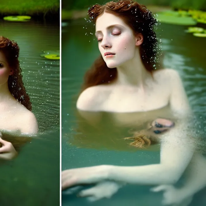 Image similar to Kodak Portra 400, 8K, soft light, volumetric lighting, highly detailed, britt marling style 3/4 ,portrait photo of a beautiful woman how pre-Raphaelites painter, the face emerges from the water of a pond with water lilies, half face and hair are immersed in water, a beautiful lace dress and hair are intricate with highly detailed realistic beautiful flowers , Realistic, Refined, Highly Detailed, natural outdoor soft pastel lighting colors scheme, outdoor fine art photography, Hyper realistic, photo realistic