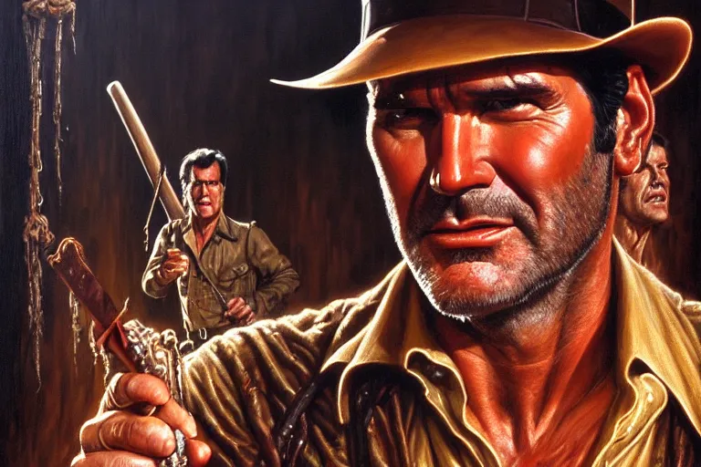 Image similar to portrait of bruce campbell as indiana jones in the temple of doom ( 1 9 8 4 ). oil painting elegant, highly detailed, centered, digital painting, artstation, concept art, smooth, sharp focus, illustration, artgerm, tomasz alen kopera, peter mohrbacher, donato giancola, joseph christian leyendecker, drew struzan