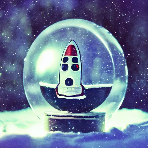 Prompt: a space rocket inside a snow globe, 3 5 mm, disposable film, lens blur, 8 k, realistic, dramatic backlighting